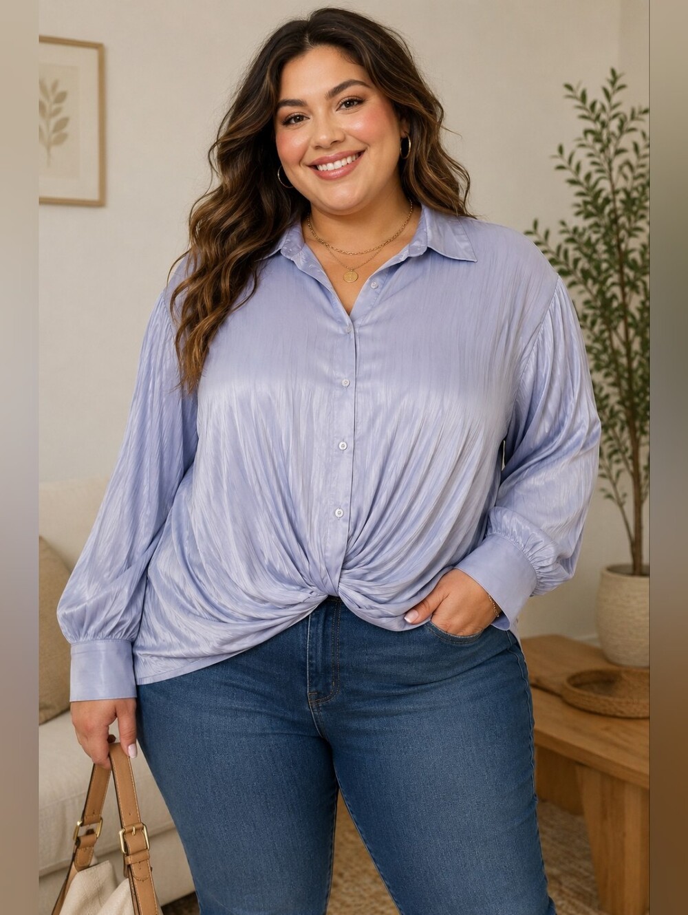 Womens Plus Twist Front Blouse 3X 24-26W Iris Blue Long Sleeve Button Front NWT